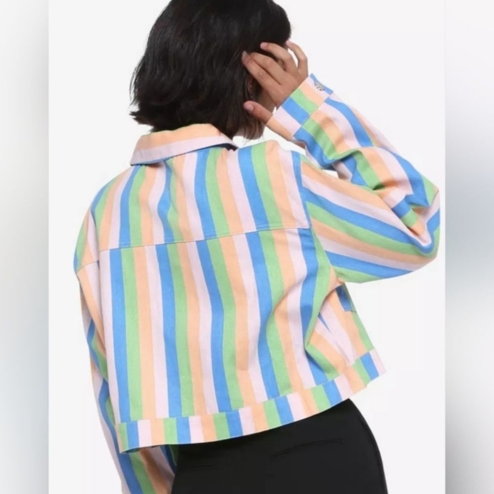 DAISY STREET CROPPED MULTI COLOR STRIPE ALL COTTON TRUCKER JACKET SIZE MEDIUM - Picture 2 of 12
